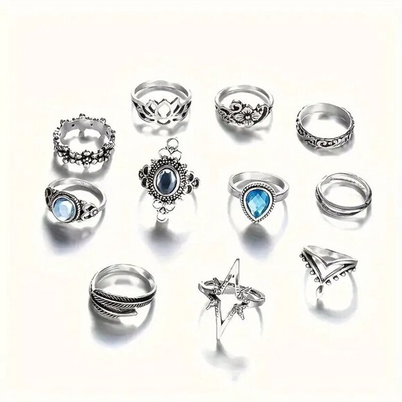 SOLD NWOT - 11 Piece Vintage Carved Starry Gemstone Combo Set Rings - Picture 2 of 6